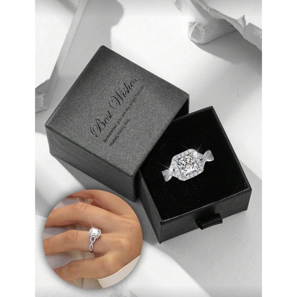 Jewelry - Princess Cut Halo Engagement Ring Infinity Twisted Band Silver Tone Wedding Ring